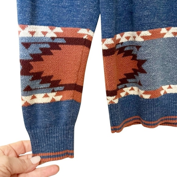 Lucky Brand Sweater Men’s Size Small Blue Southwestern Cotton Knit  Crewneck - Picture 4 of 8